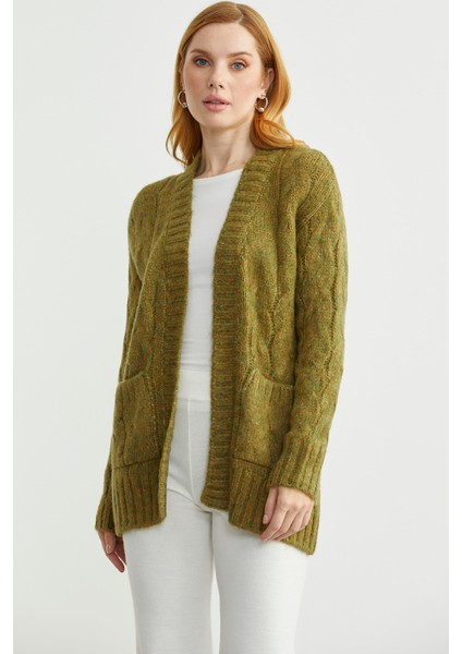 Saç Örgü Motifli Cepli Triko Hırka - Yeşil