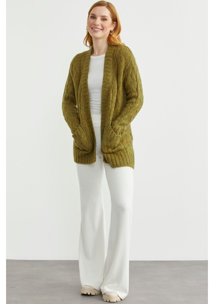 Saç Örgü Motifli Cepli Triko Hırka - Yeşil fiyatları