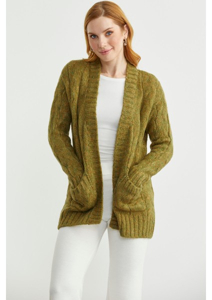 Saç Örgü Motifli Cepli Triko Hırka - Yeşil modelleri