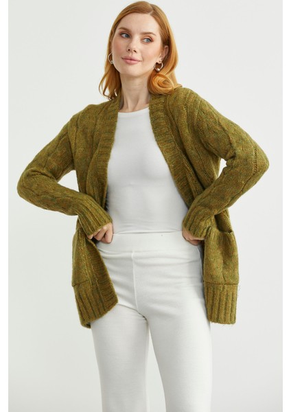 Saç Örgü Motifli Cepli Triko Hırka - Yeşil fırsatları