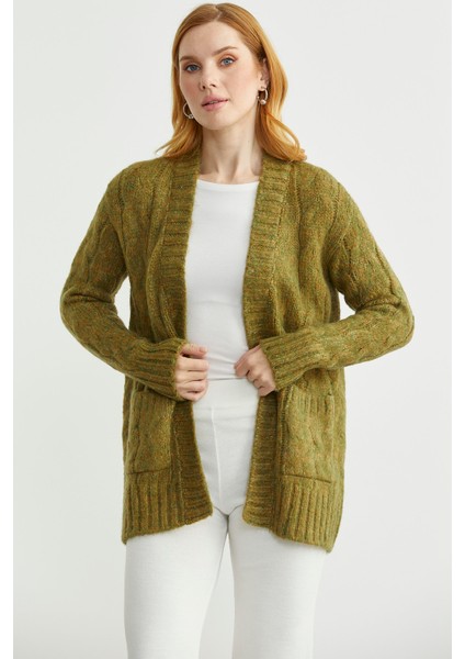 Saç Örgü Motifli Cepli Triko Hırka - Yeşil indirimleri