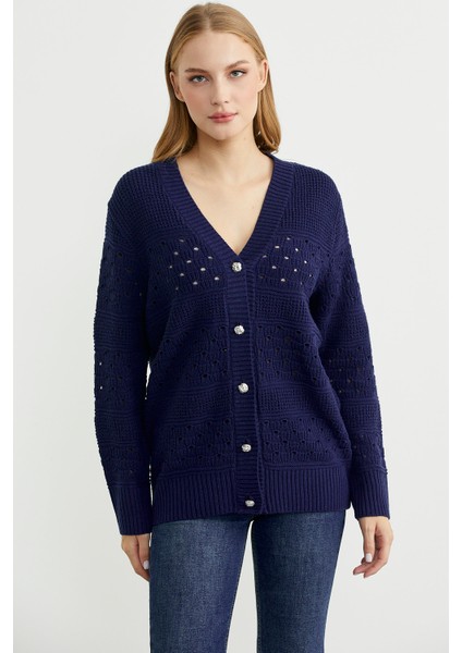 Delik Motifli Yünlü Triko Hırka - Lacivert