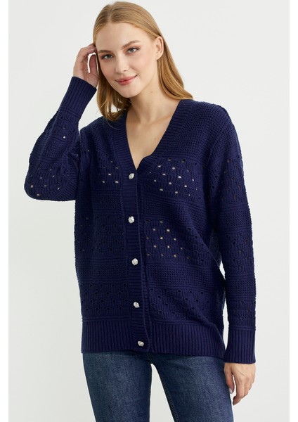 Delik Motifli Yünlü Triko Hırka - Lacivert fiyatları