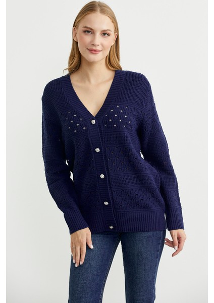 Delik Motifli Yünlü Triko Hırka - Lacivert modelleri