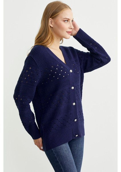 Delik Motifli Yünlü Triko Hırka - Lacivert fırsatları