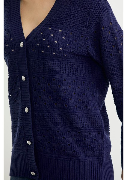 Delik Motifli Yünlü Triko Hırka - Lacivert indirimleri