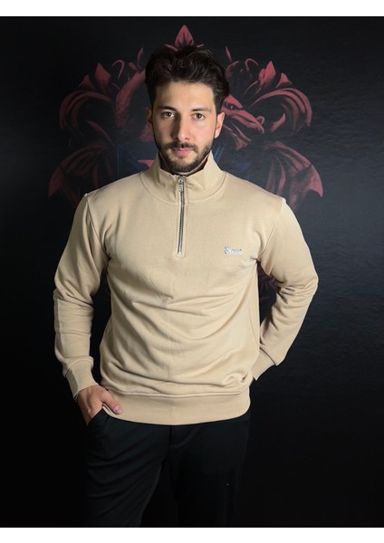 Fermuarlı Dik Yaka %100 Pamuk Sweatshirt