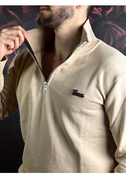 Fermuarlı Dik Yaka %100 Pamuk Sweatshirt