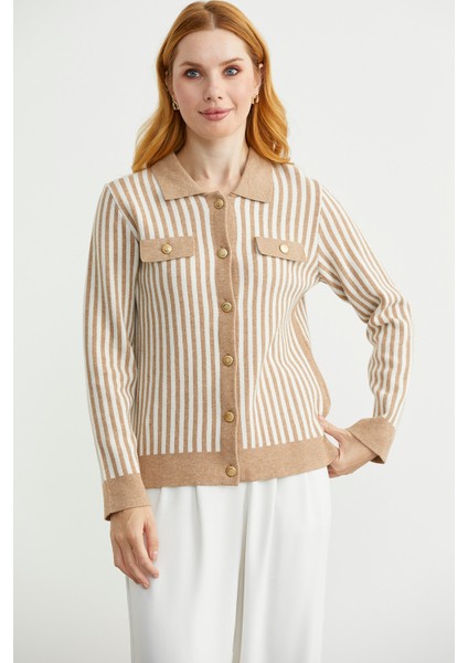 Çizgi Detaylı Yakalı Triko Ceket - Bej fiyatları
