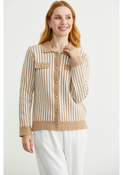 Çizgi Detaylı Yakalı Triko Ceket - Bej modelleri