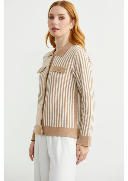 Çizgi Detaylı Yakalı Triko Ceket - Bej fırsatları