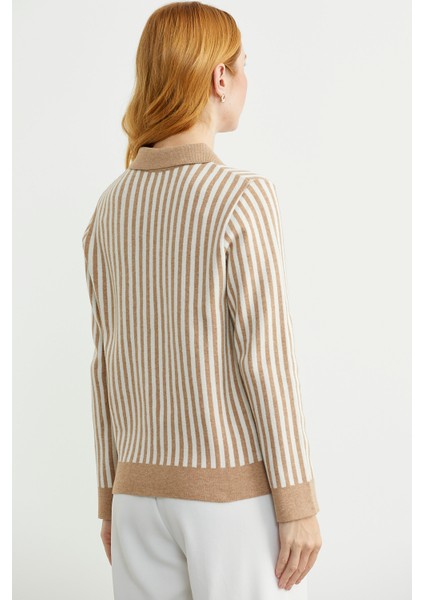 Çizgi Detaylı Yakalı Triko Ceket - Bej indirimleri