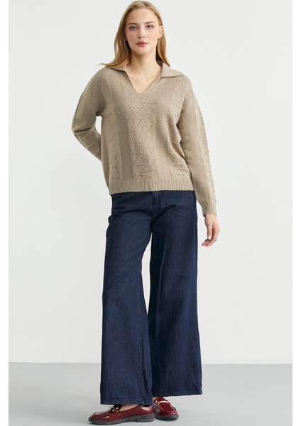 Polo Yaka Motifli Triko Kazak - Kamel