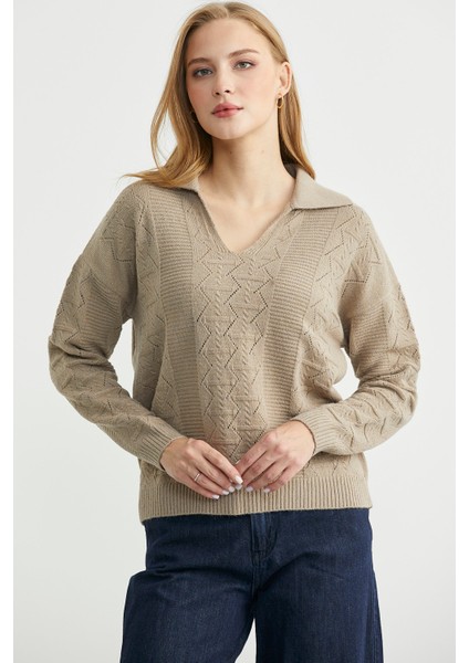 Polo Yaka Motifli Triko Kazak - Kamel fiyatları