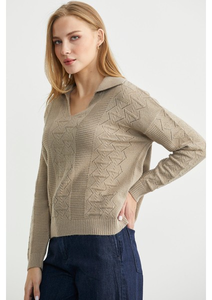 Polo Yaka Motifli Triko Kazak - Kamel modelleri