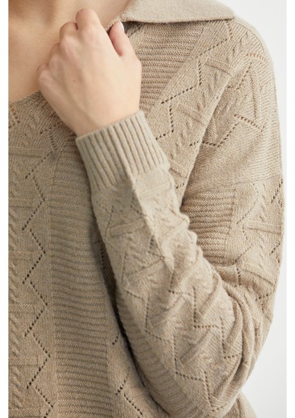 Polo Yaka Motifli Triko Kazak - Kamel fırsatları