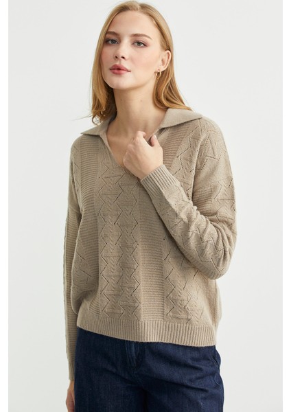 Polo Yaka Motifli Triko Kazak - Kamel indirimleri