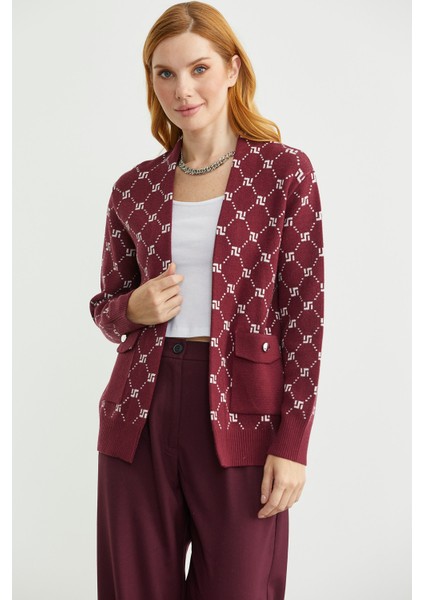 Logolu Cep Detaylı Oversize Triko Hırka - Bordo