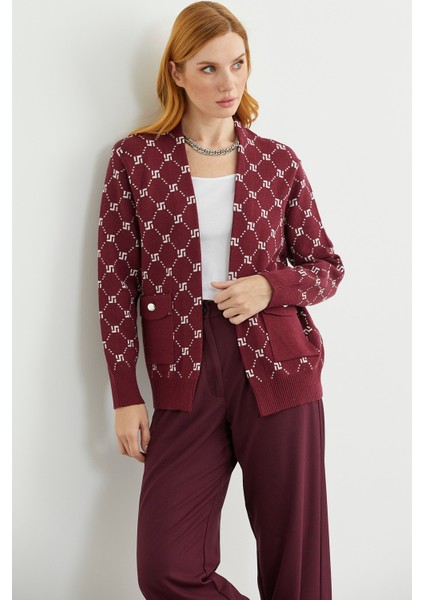 Logolu Cep Detaylı Oversize Triko Hırka - Bordo fiyatları