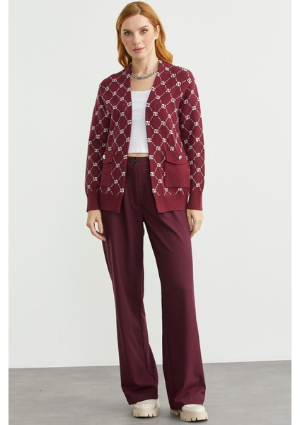 Logolu Cep Detaylı Oversize Triko Hırka - Bordo modelleri