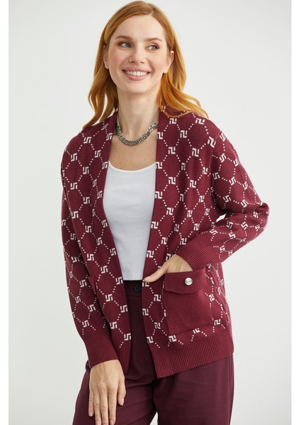 Logolu Cep Detaylı Oversize Triko Hırka - Bordo fırsatları