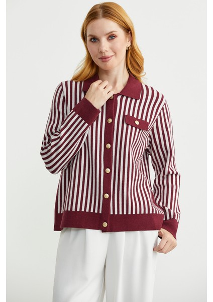 Çizgi Detaylı Yakalı Triko Ceket - Bordo