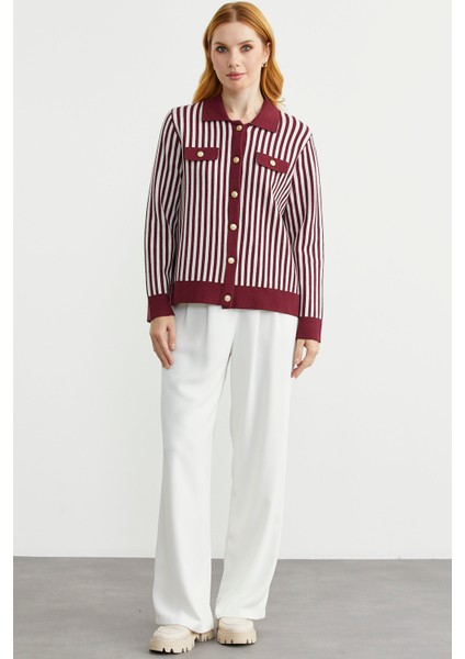 Çizgi Detaylı Yakalı Triko Ceket - Bordo fiyatları