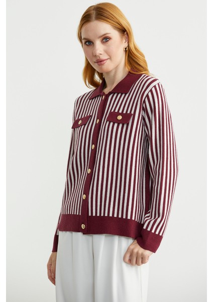 Çizgi Detaylı Yakalı Triko Ceket - Bordo modelleri
