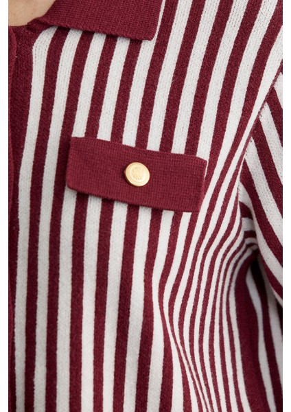 Çizgi Detaylı Yakalı Triko Ceket - Bordo fırsatları