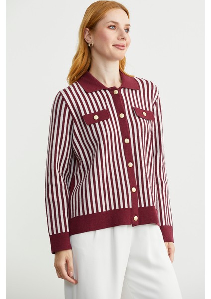 Çizgi Detaylı Yakalı Triko Ceket - Bordo indirimleri