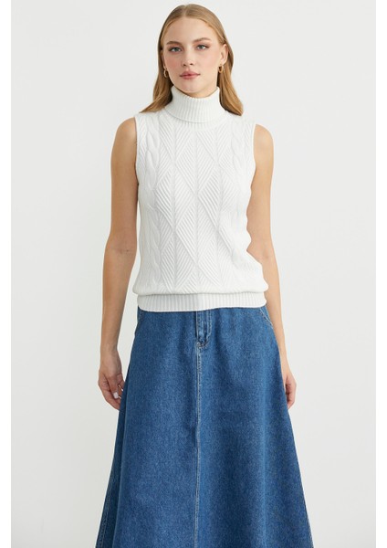 Tam Balıkçı Kolsuz Triko Kazak - Kemik