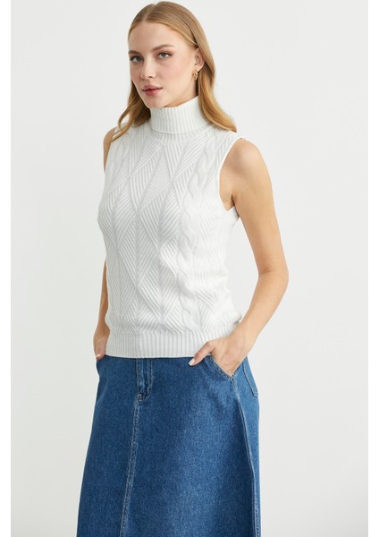 Tam Balıkçı Kolsuz Triko Kazak - Kemik fırsatları