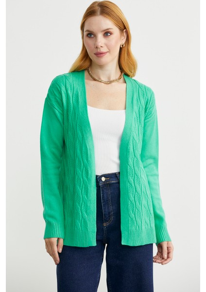 Saç Örgülü Rahat Kalıp Triko Hırka - Yeşil