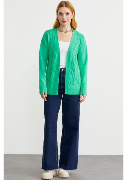 Saç Örgülü Rahat Kalıp Triko Hırka - Yeşil fiyatları