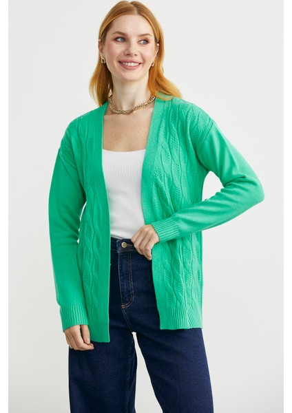 Saç Örgülü Rahat Kalıp Triko Hırka - Yeşil modelleri