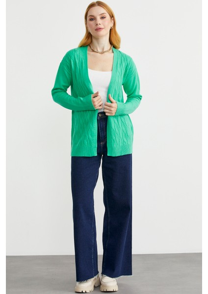 Saç Örgülü Rahat Kalıp Triko Hırka - Yeşil fırsatları