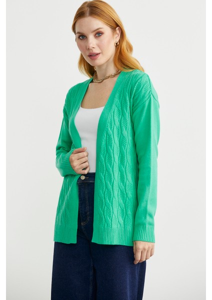 Saç Örgülü Rahat Kalıp Triko Hırka - Yeşil indirimleri