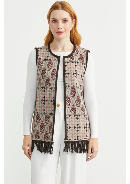 Desenli Bohem Yünlü Triko Yelek - Vizon