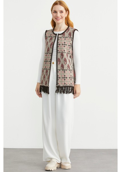 Desenli Bohem Yünlü Triko Yelek - Vizon fiyatları