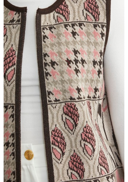 Desenli Bohem Yünlü Triko Yelek - Vizon fırsatları