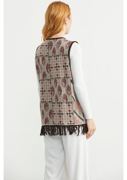 Desenli Bohem Yünlü Triko Yelek - Vizon indirimleri
