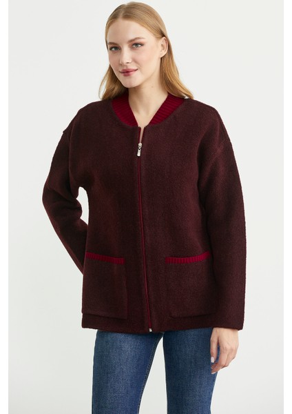 Fermuarlı Cep Detaylı Yünlü Triko Ceket - Bordo fiyatları