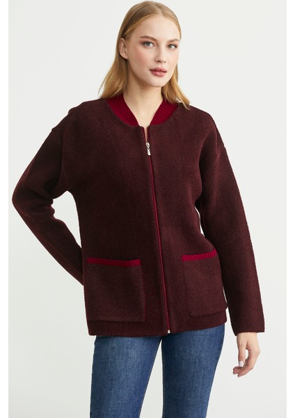 Fermuarlı Cep Detaylı Yünlü Triko Ceket - Bordo modelleri