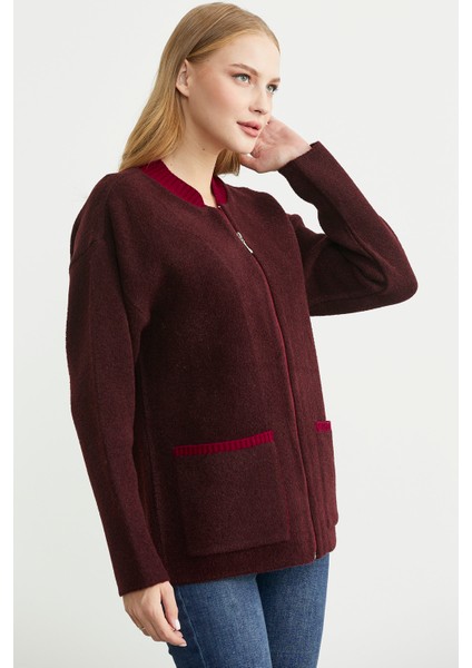 Fermuarlı Cep Detaylı Yünlü Triko Ceket - Bordo fırsatları