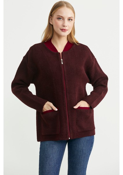 Fermuarlı Cep Detaylı Yünlü Triko Ceket - Bordo indirimleri