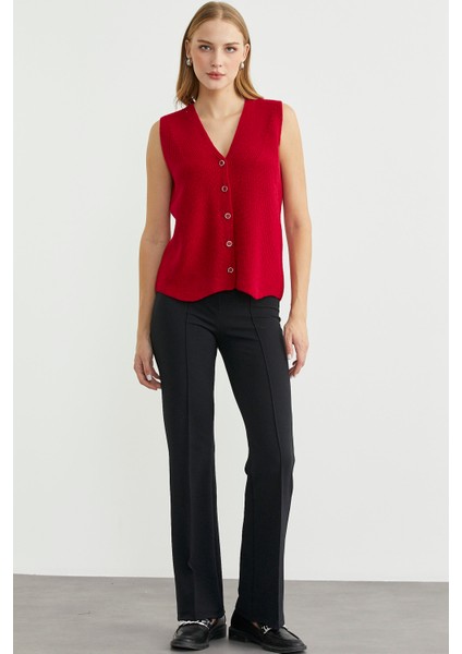 Selanik Örgü Düğmeli Yünlü Triko Yelek - Kırmızı fiyatları