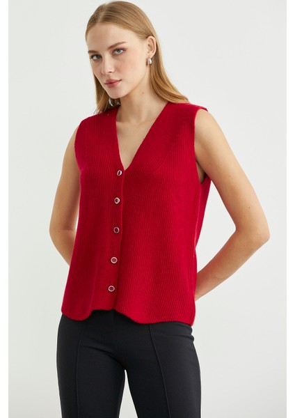 Selanik Örgü Düğmeli Yünlü Triko Yelek - Kırmızı fırsatları