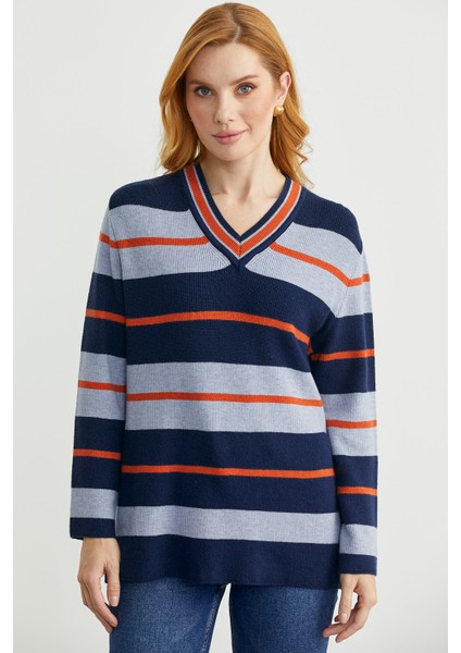 Çizgili V Yaka Triko Kazak - Lacivert