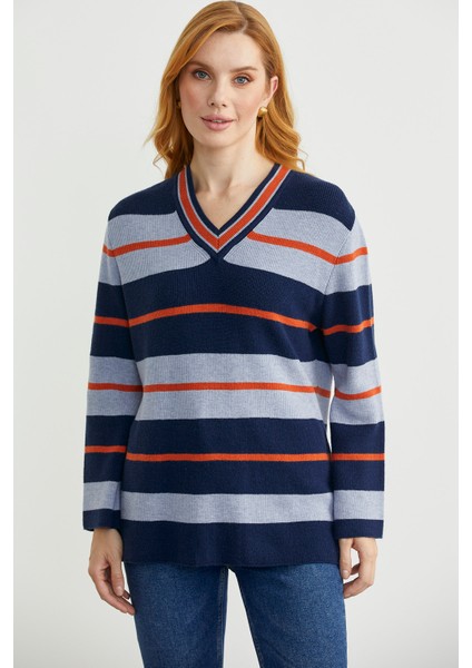 Çizgili V Yaka Triko Kazak - Lacivert fiyatları