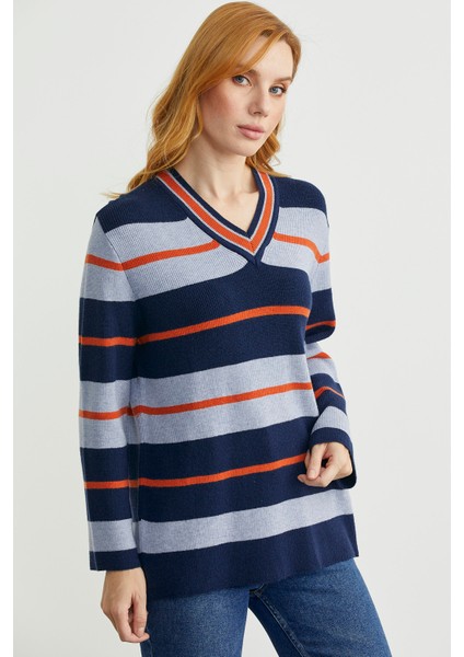 Çizgili V Yaka Triko Kazak - Lacivert modelleri